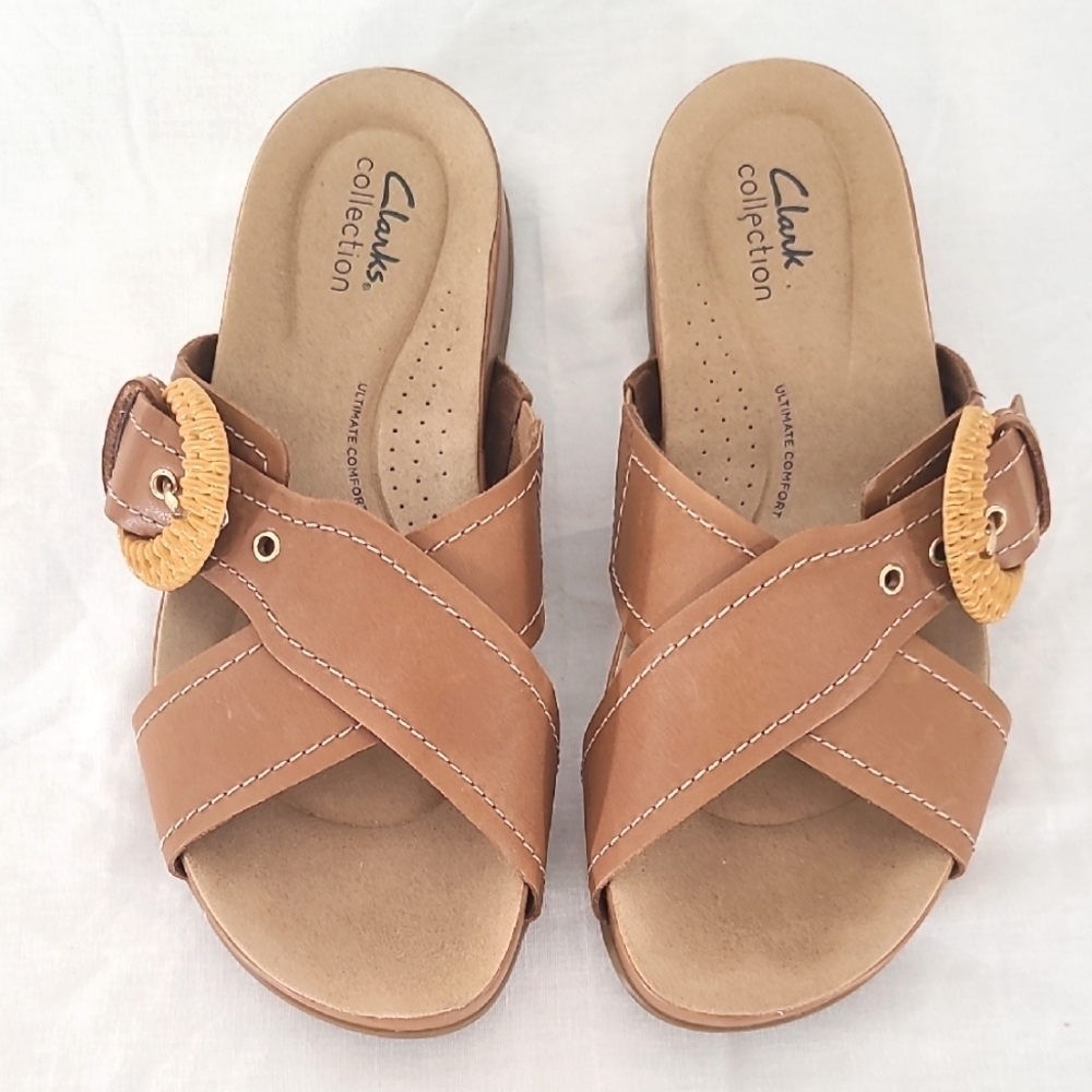 CLARKS Reileigh Bay Sandal Leather Upper Slip On w/Adjustable Strap, size 8
